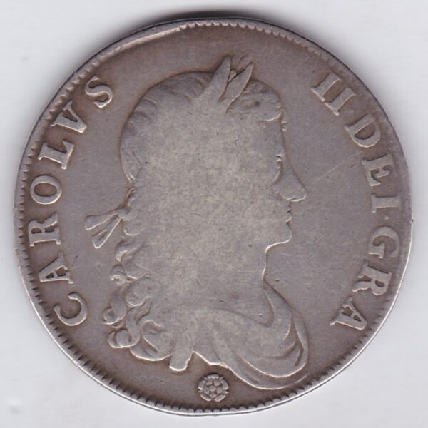 1662 Rose Silver Crown Coin featuring the draped bust of King Charles II on the Obverse and the crowned cruciform of shields on the reverse.