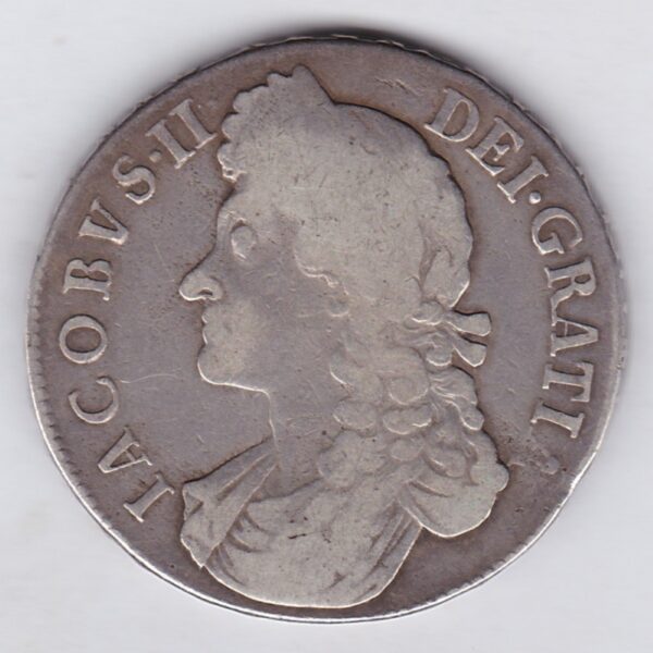 1688 Silver Crown Coin featuring the second bust of King James II on the Obverse and the crowned cruciform of shields on the reverse.