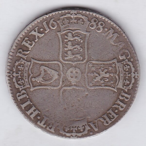 1688 Silver Crown Coin featuring the second bust of King James II on the Obverse and the crowned cruciform of shields on the reverse.