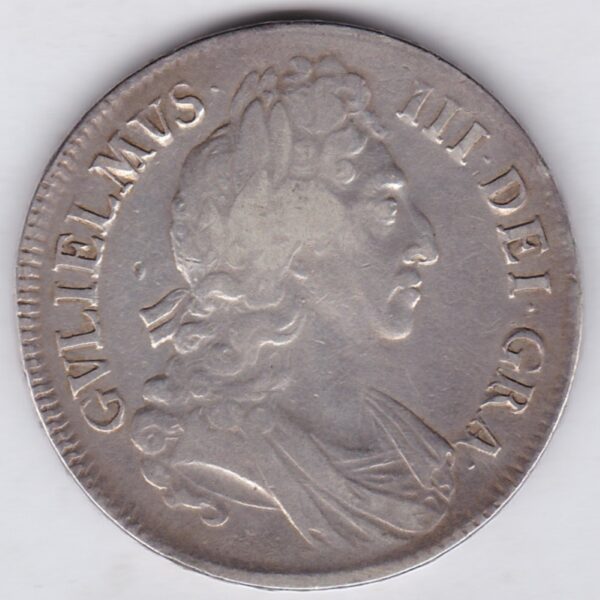 1696 Silver Crown Coin featuring King William III. This 0.925 silver crown is in good fine condition. These early coins are hard to find in high grade.