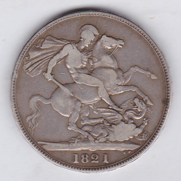 1821 Secundo Silver Crown Coin featuring King George IIII on the Obverse and the St George slaying the dragon design on the reverse.