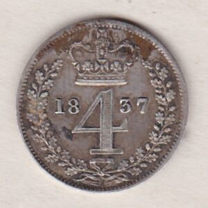 1837 silver maundy fourpence coin featuring king William IV on the Obverse. The crowned denomination dividing date within an oak wreath on the Reverse.