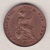 1839 copper farthing coin featuring the young head Queen Victoria on the Obverse. Britannia seated facing right on the Reverse.