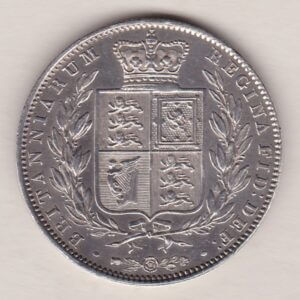 1840 Silver Halfcrown coin with young head Queen Victoria on the Obverse. Crowned square shield with laurel branches on the Reverse.