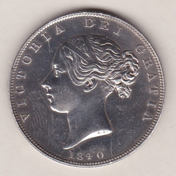 1840 Silver Halfcrown coin with young head Queen Victoria on the Obverse. Crowned square shield with laurel branches on the Reverse.