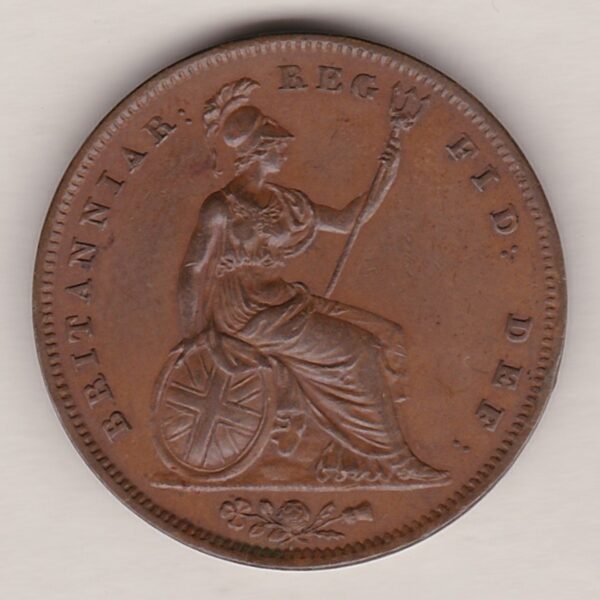 1841 copper penny coin featuring the young head portrait of Queen Victoria on the Obverse. The coin depicts Britannia seated to the right on the Reverse.