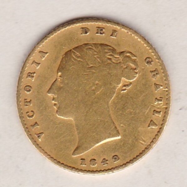 1842 Gold Half Sovereign Coin featuring Queen Victoria Young Head on the Obverse and the shield design on the Reverse in a used fair to fine condition.