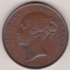 1846 copper penny coin featuring the young head portrait of Queen Victoria on the Obverse. The coin depicts Britannia seated to the right on the Reverse.