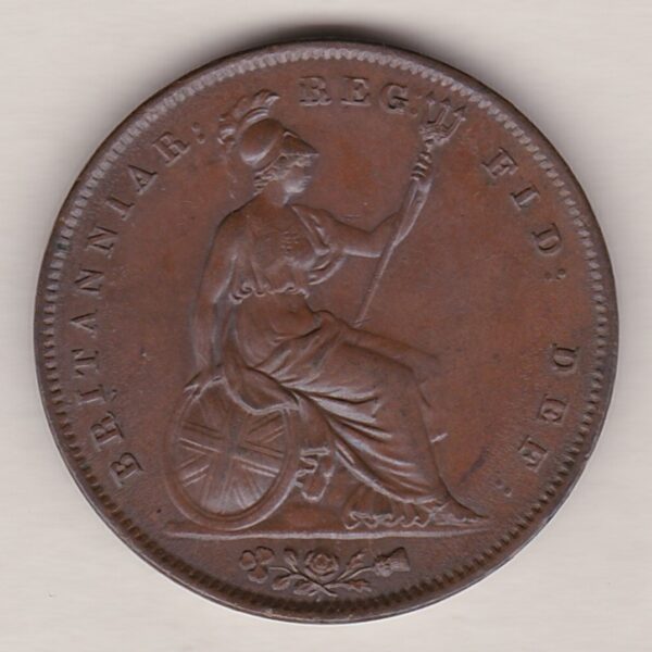 1846 copper penny coin featuring the young head portrait of Queen Victoria on the Obverse. The coin depicts Britannia seated to the right on the Reverse.