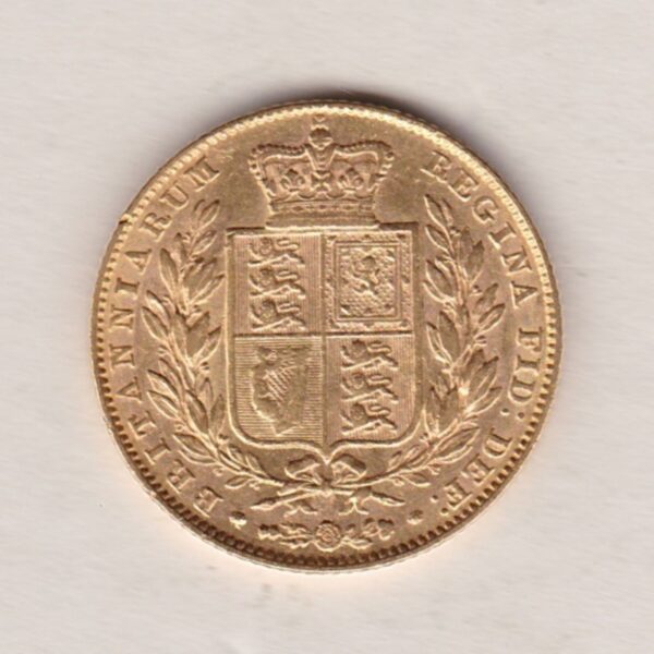 1847 Gold Sovereign Coin. The coin features a young head queen Victoria on the Obverse and the collectable shield design on the Reverse.