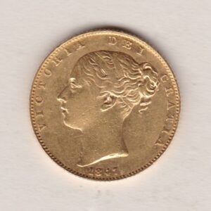 1847 Gold Sovereign Coin. The coin features a young head queen Victoria on the Obverse and the collectable shield design on the Reverse.