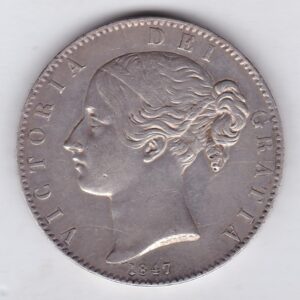 1847 Silver Crown Coin featuring Queen Victoria Young head on the Obverse and the Shield design on the reverse. In near extremely fine condition.