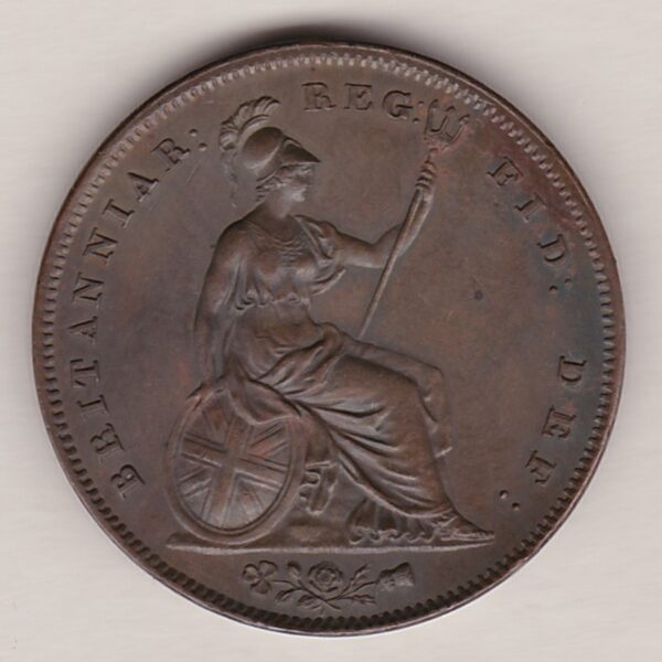 1848 copper penny coin featuring the young head portrait of Queen Victoria on the Obverse. The coin depicts Britannia seated to the right on the Reverse.