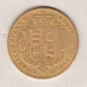 1851 Gold Half Sovereign Coin featuring Queen Victoria Young Head on the Obverse and the shield design on the Reverse in used fair condition.