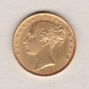 1851 Gold Sovereign Coin. The coin features a young head queen Victoria on the Obverse and the collectable shield design on the Reverse.