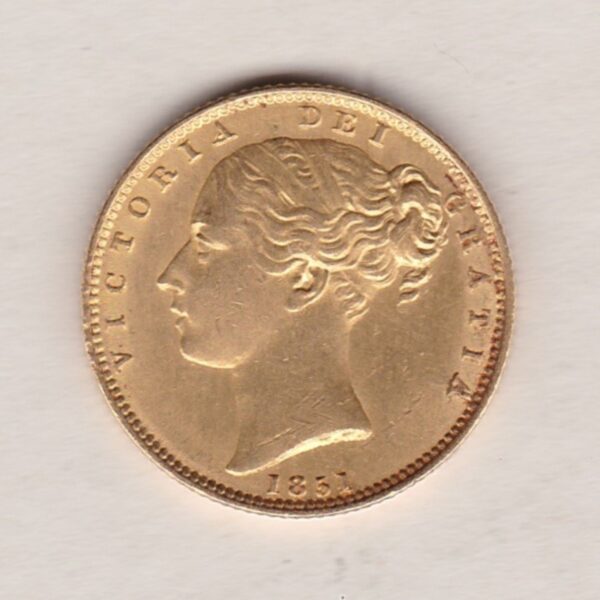 1851 Gold Sovereign Coin. The coin features a young head queen Victoria on the Obverse and the collectable shield design on the Reverse.