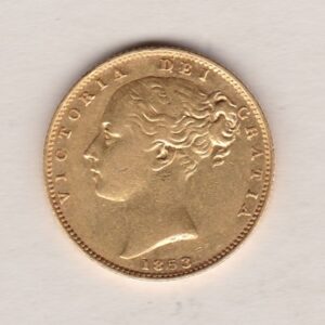 1853 Gold Sovereign Coin. The coin features a young head queen Victoria on the Obverse and the collectable shield design on the Reverse.