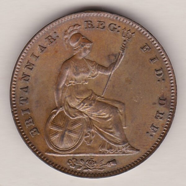 1854 copper penny coin featuring the young head portrait of Queen Victoria on the Obverse. The coin depicts Britannia seated to the right on the Reverse.