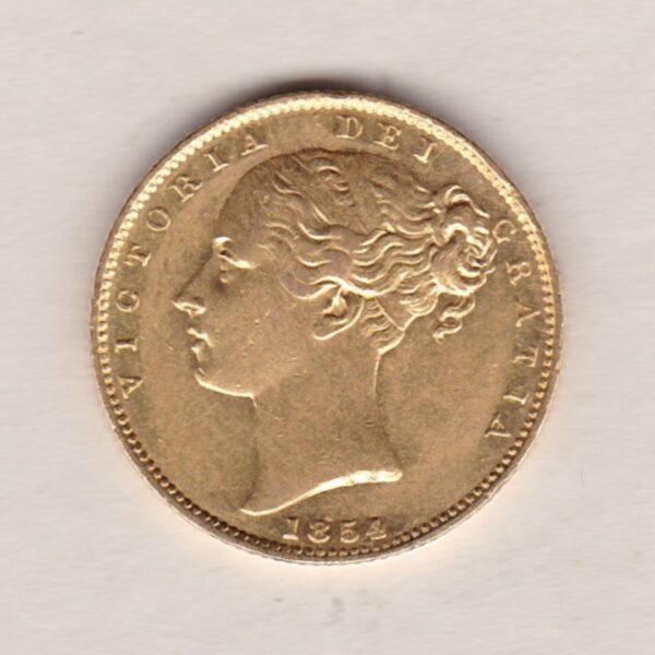 1854 Gold Sovereign Coin. The coin features a young head queen Victoria on the Obverse and the collectable shield design on the Reverse.