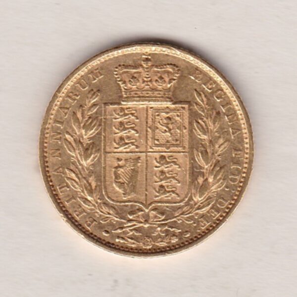 1855 Gold Sovereign Coin. The coin features a young head queen Victoria on the Obverse and the collectable shield design on the Reverse.