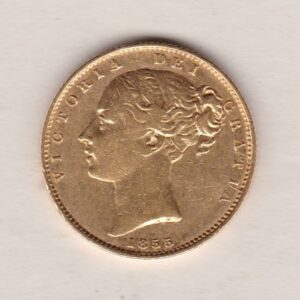 1855 Gold Sovereign Coin. The coin features a young head queen Victoria on the Obverse and the collectable shield design on the Reverse.