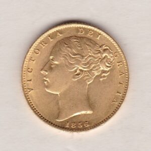 1856 Gold Sovereign Coin features a young head queen Victoria on the Obverse and the collectable shield design on the Reverse.