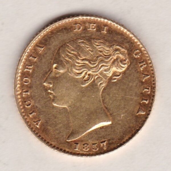 1857 Gold Half Sovereign Coin featuring Queen Victoria Young Head on the Obverse and the shield design on the Reverse in good extremely fine condition.