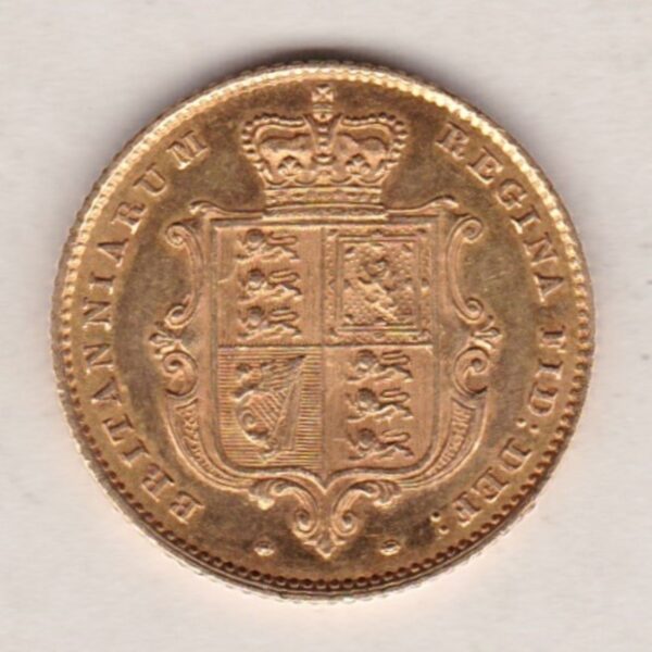 1857 Gold Half Sovereign Coin featuring Queen Victoria Young Head on the Obverse and the shield design on the Reverse in good extremely fine condition.