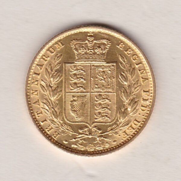 1857 Gold Sovereign Coin. The coin features a young head queen Victoria on the Obverse and the collectable shield design on the Reverse.