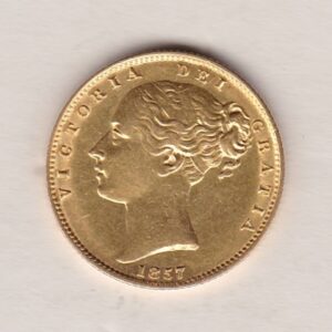 1857 Gold Sovereign Coin. The coin features a young head queen Victoria on the Obverse and the collectable shield design on the Reverse.