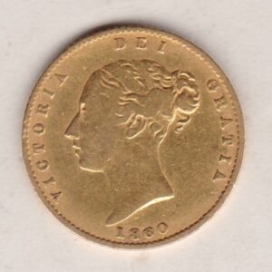 1860 Gold Half Sovereign Coin featuring Queen Victoria Young Head on the Obverse and the shield design on the Reverse in near very fine condition.