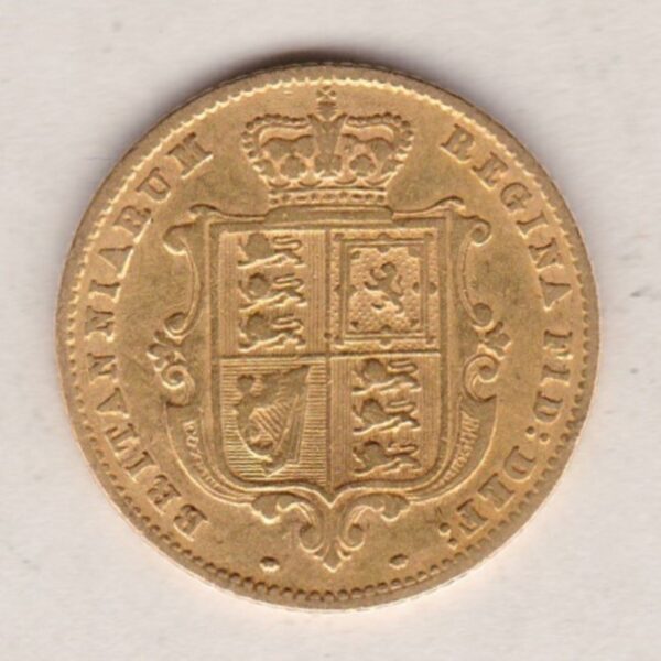 1860 Gold Half Sovereign Coin featuring Queen Victoria Young Head on the Obverse and the shield design on the Reverse in near very fine condition.