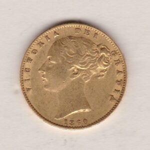 1860 Gold Sovereign Coin. The coin features a young head queen Victoria on the Obverse and the collectable shield design on the Reverse.