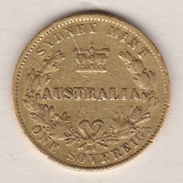 1861 Australia Gold Sovereign featuring the Queen Victoria on the Obverse. The words Australia, Sydney and one Sovereign are on the Reverse.