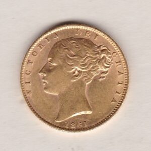 1861 Gold Sovereign Coin. Double Struck. The coin features a young head queen Victoria on the Obverse and the collectable shield design on the Reverse.