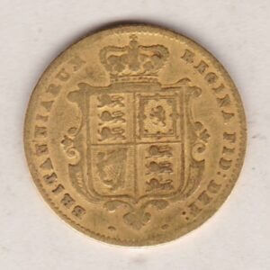 1861 Gold Half Sovereign Coin featuring Queen Victoria Young Head on the Obverse and the shield design on the Reverse in a used fair to fine condition.