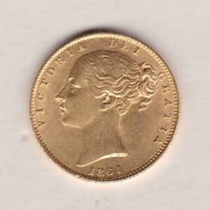 1861 Gold Sovereign Coin. The coin features a young head queen Victoria on the Obverse and the collectable shield design on the Reverse.