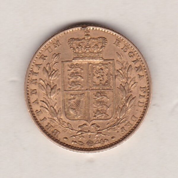 1863 Gold Sovereign Coin. Die number 7. The coin features a young head queen Victoria on the Obverse and the collectable shield design on the Reverse.