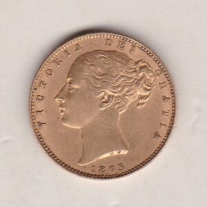 1863 Gold Sovereign Coin. Die number 7. The coin features a young head queen Victoria on the Obverse and the collectable shield design on the Reverse.