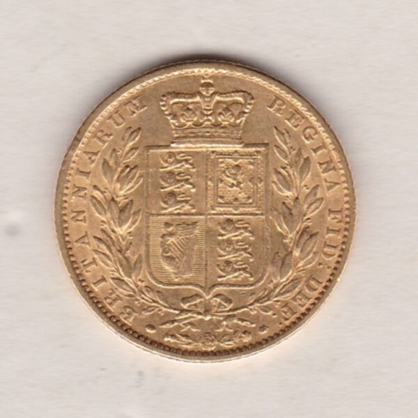 1863 Gold Sovereign Coin. The coin features a young head queen Victoria on the Obverse and the collectable shield design on the Reverse.