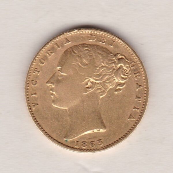 1863 Gold Sovereign Coin. The coin features a young head queen Victoria on the Obverse and the collectable shield design on the Reverse.