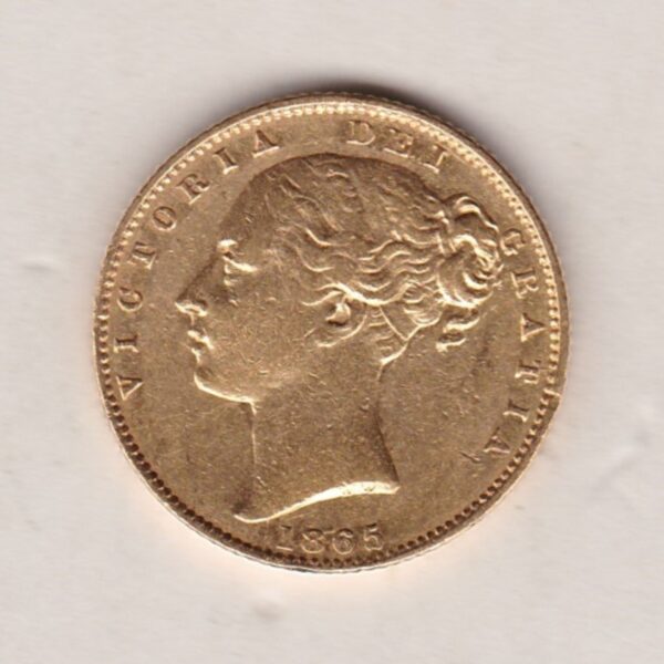 1865 Gold Sovereign Coin. Die number 4. The coin features a young head queen Victoria on the Obverse and the collectable shield design on the Reverse.