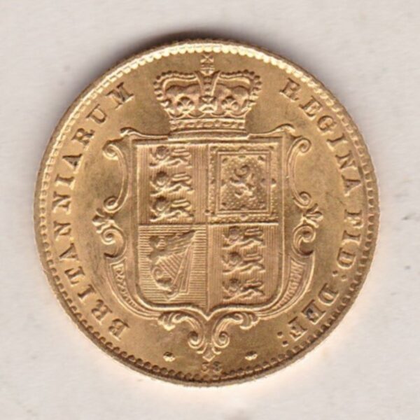 1865 Gold Half Sovereign Coin featuring Queen Victoria Young Head on the Obverse and the shield design on the Reverse with die number 38.