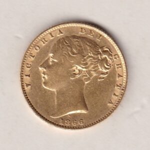 1866 Gold Sovereign Coin. Die number 52. The coin features a young head queen Victoria on the Obverse and the collectable shield design on the Reverse.