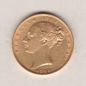 1868 Gold Sovereign Coin. Die number 6. The coin features a young head queen Victoria on the Obverse and the collectable shield design on the Reverse.