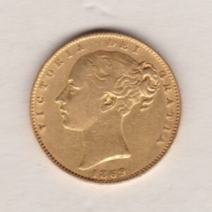 1869 Gold Sovereign Coin. Die number 2. The coin features a young head queen Victoria on the Obverse and the collectable shield design on the Reverse.