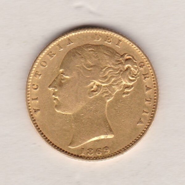 1869 Gold Sovereign Coin. Die number 2. The coin features a young head queen Victoria on the Obverse and the collectable shield design on the Reverse.