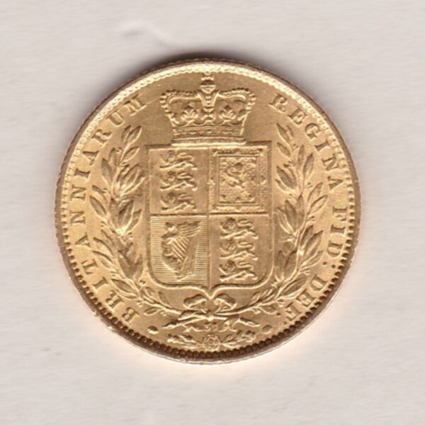 1869 Gold Sovereign Coin. Die number 37. The coin features a young head queen Victoria on the Obverse and the collectable shield design on the Reverse.