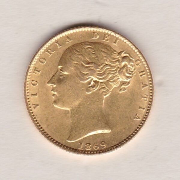 1869 Gold Sovereign Coin. Die number 37. The coin features a young head queen Victoria on the Obverse and the collectable shield design on the Reverse.