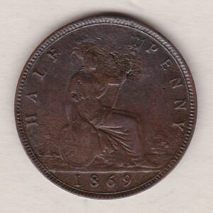 1869 bronze halfpenny coin featuring young head Queen Victoria on the Obverse. Britannia seated facing right holding a trident on the Reverse. 